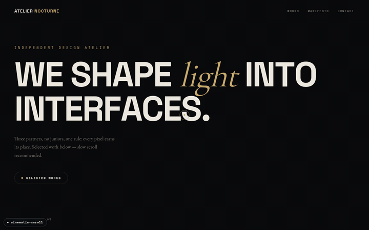 Atelier Nocturne — kinetic typography, shader-distorted imagery