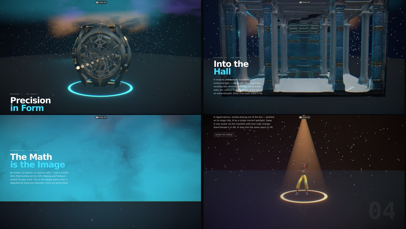 The four movements — Precision in Form (the watch), Into the Hall (the colonnade), The Math is the Image (the GLSL field), and the spotlit dancer
