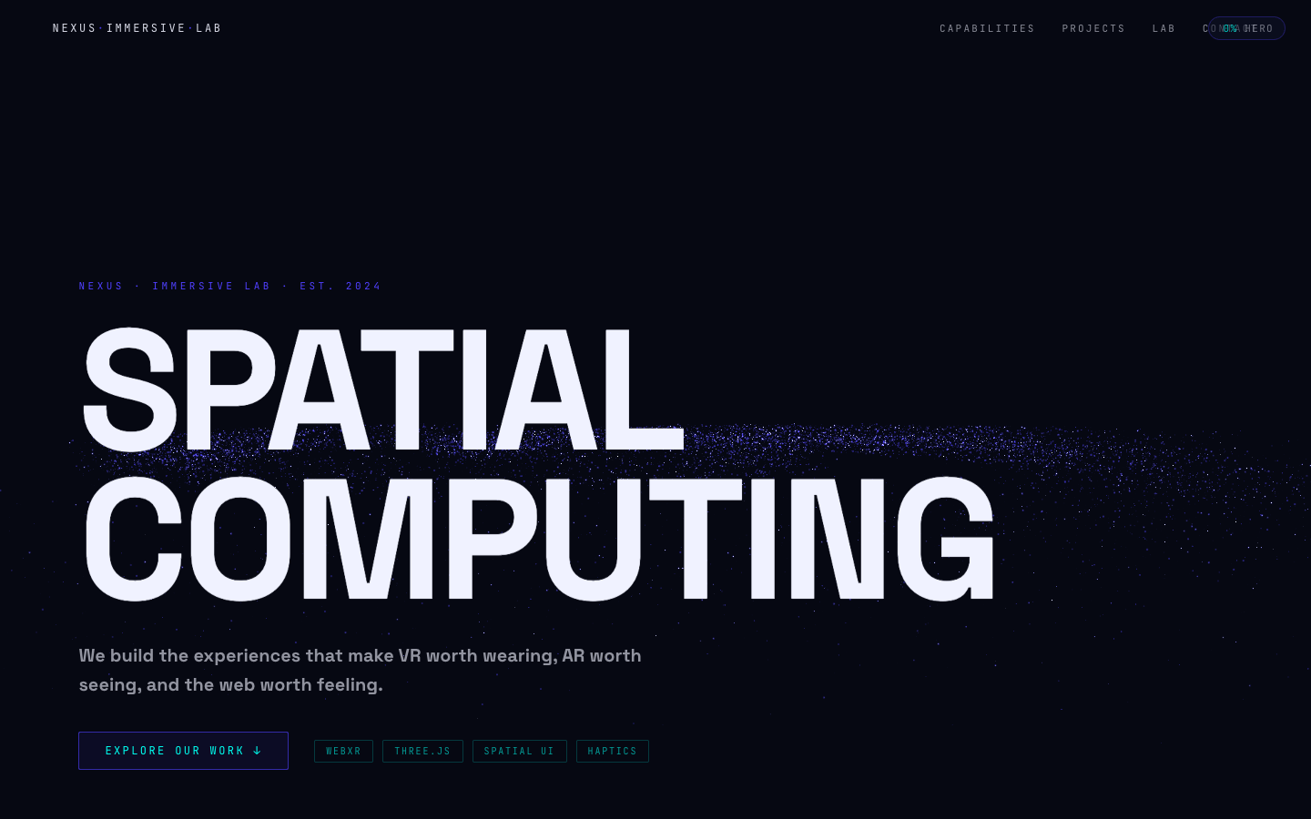Nexus Immersive Lab — galaxy particle field behind a massive SPATIAL COMPUTING headline on a deep-space canvas
