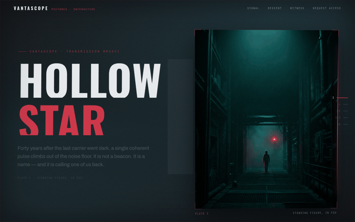 Vantascope — clean editorial sci-fi, crimson signal