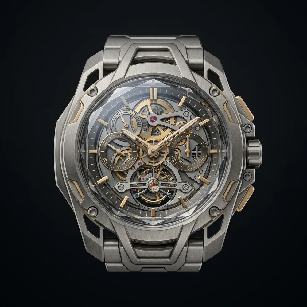 Macro product render of a skeleton chronometer in dark steel and brass
