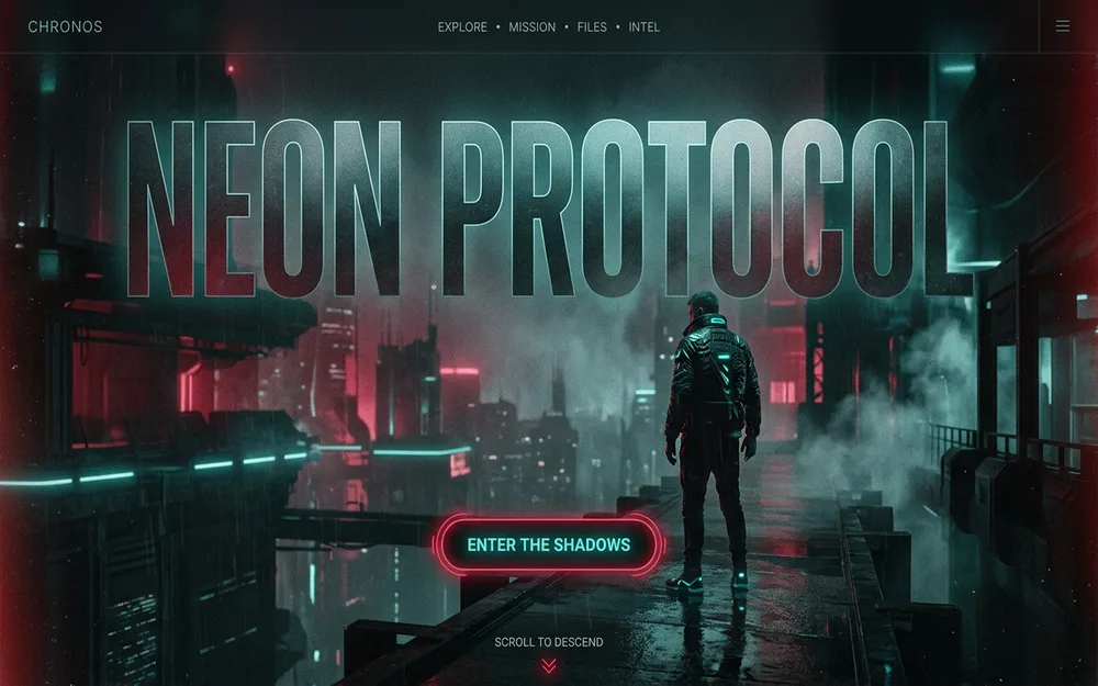Rain-lit neon city street, lone figure walking into teal fog