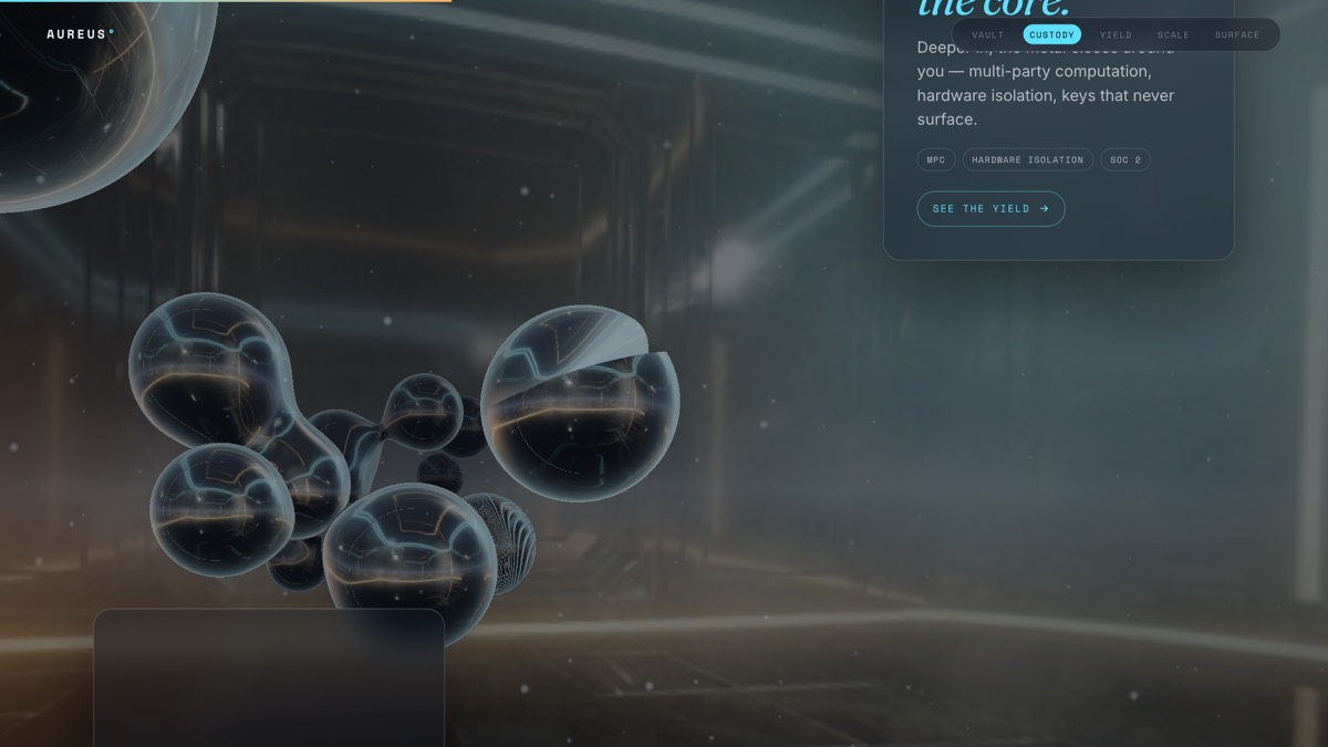AUREUS — the camera flying through a liquid-chrome corridor of dark metaballs