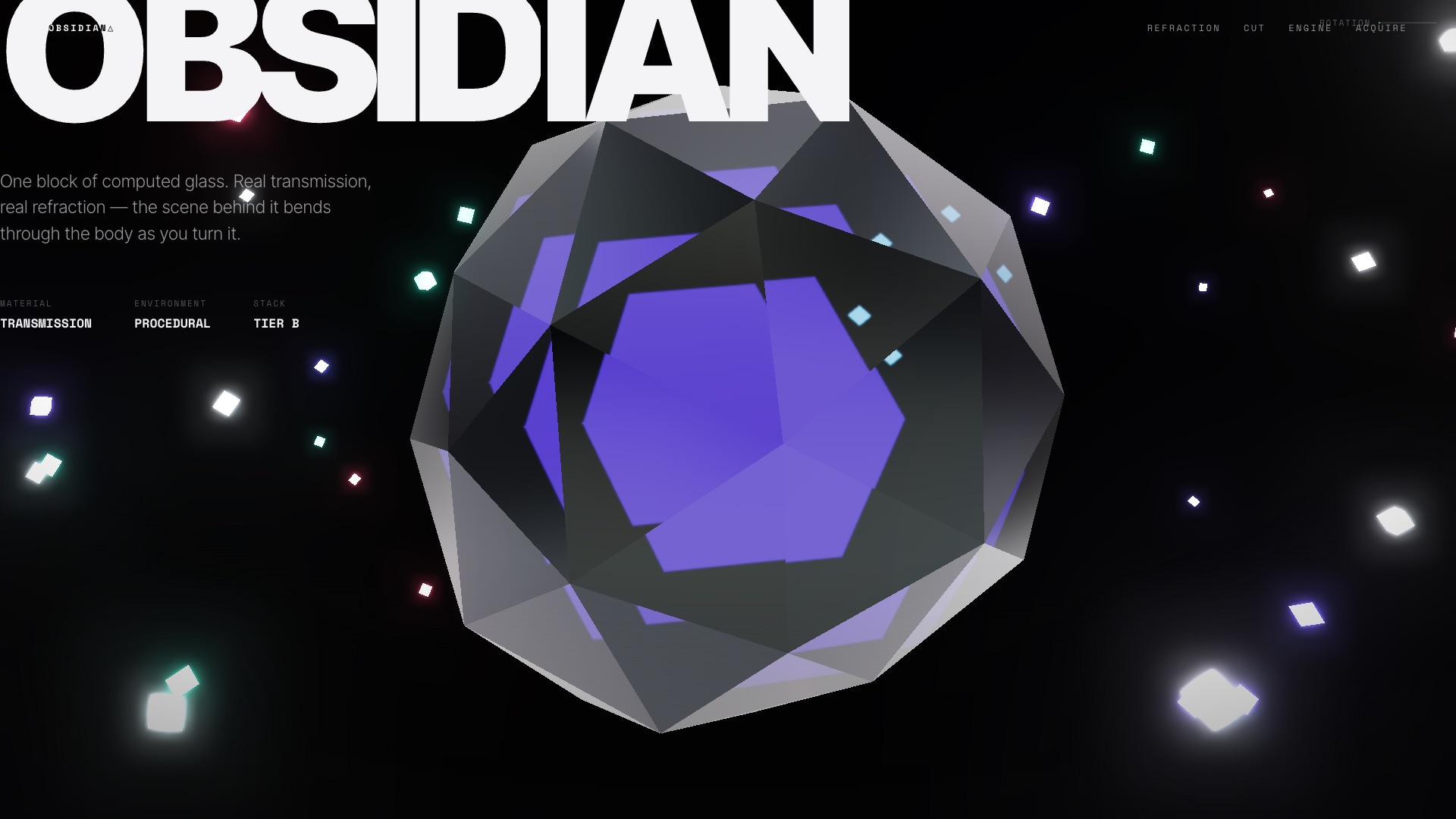 Obsidian — a refractive faceted glass monolith with a glowing violet core, orbited by a field of glinting shards