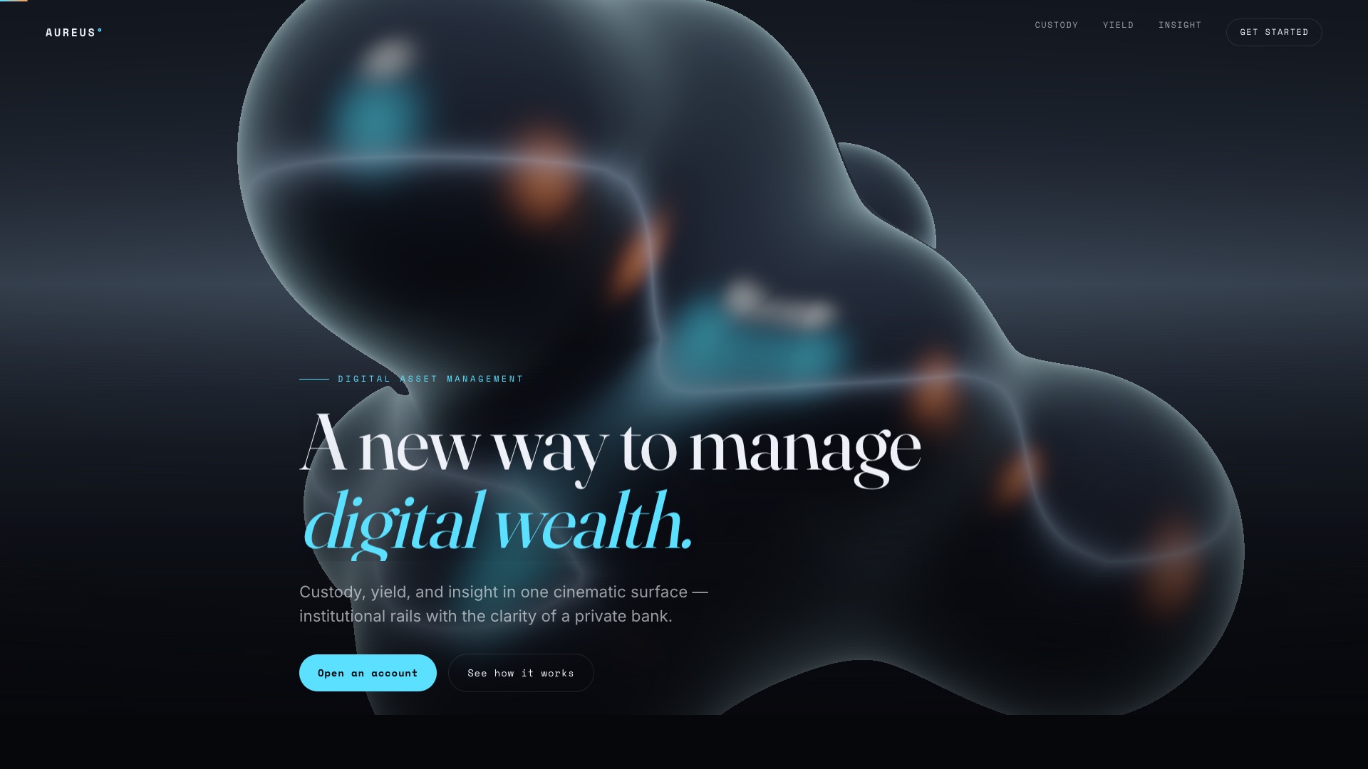 AUREUS — dark crypto-portfolio site with a live liquid-chrome WebGL hero