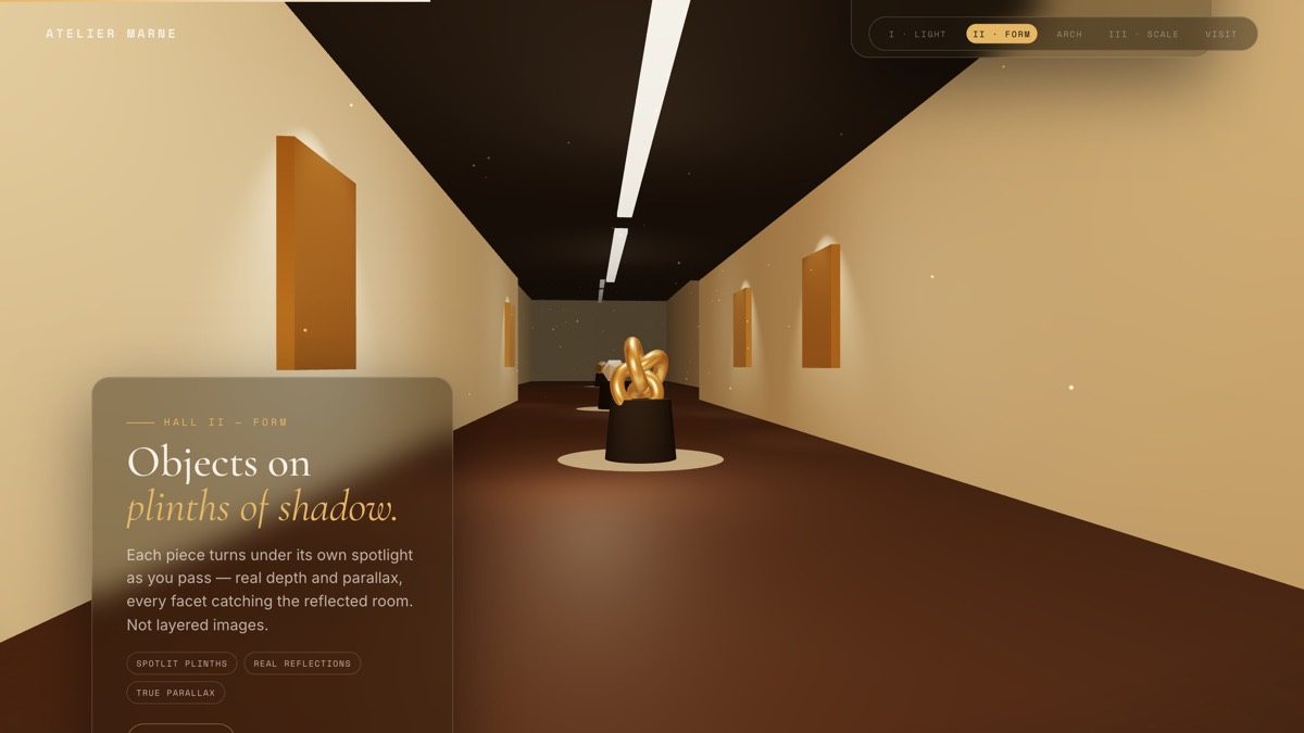 Atelier Marne — a 3D museum hall, the camera walking past spotlit gold sculptures on plinths of shadow