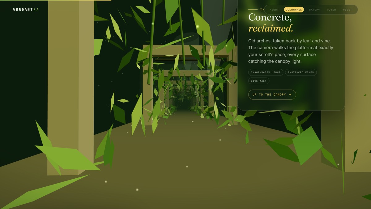 Verdant — flying through an overgrown concrete atrium with floating green foliage