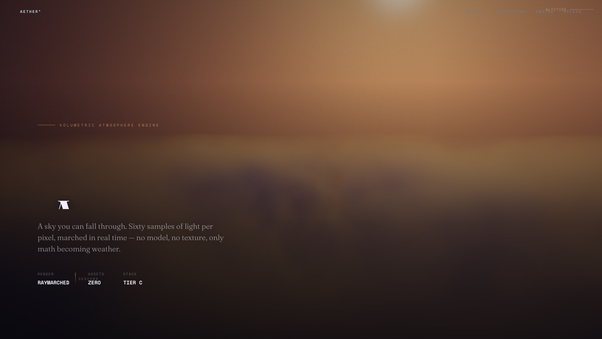 Aether — a raymarched volumetric cloudscape at dawn, the camera flying down through golden cloud under a low sun